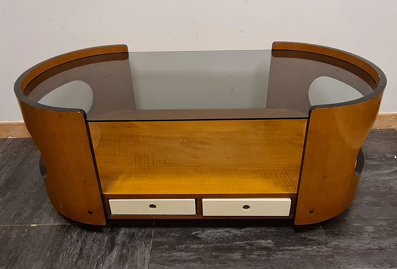 Wood and glass coffee table in the style of Joe Colombo, 1970s 2