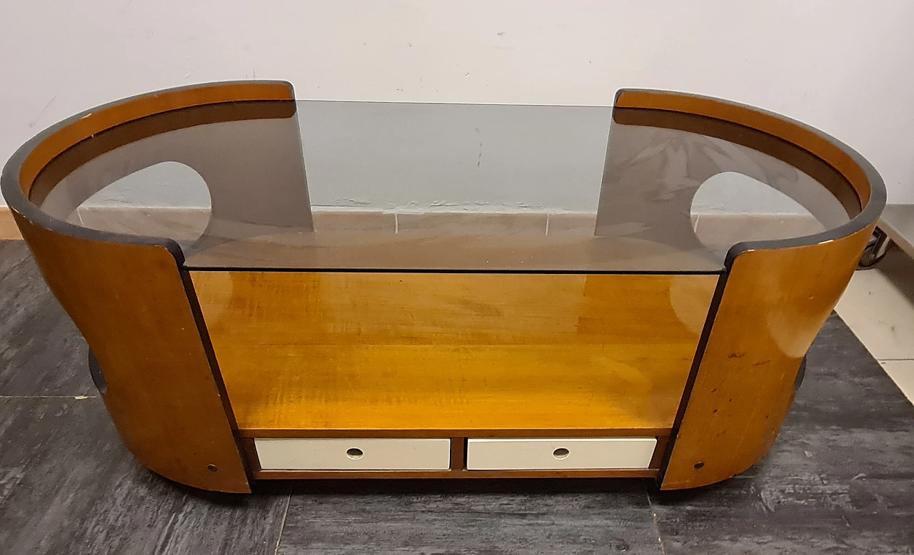 Tavolino in legno e vetro nello stile di Joe Colombo, anni '70 10