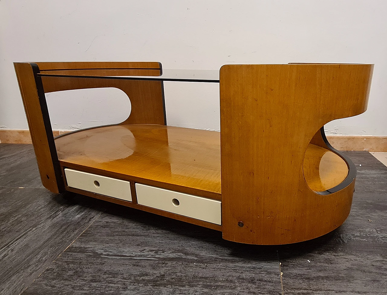 Tavolino in legno e vetro nello stile di Joe Colombo, anni '70 11