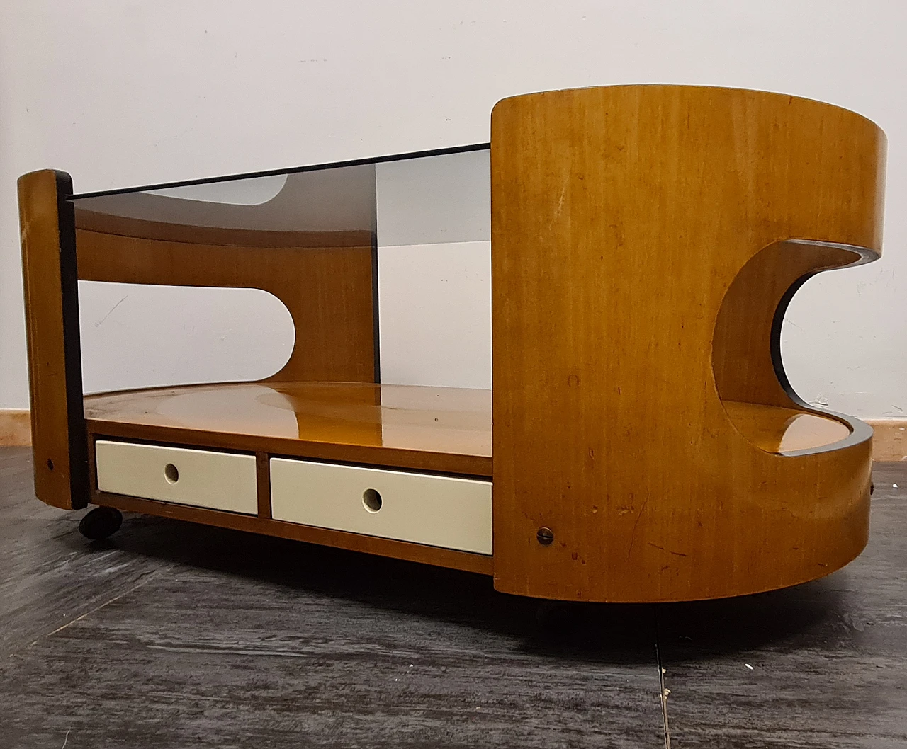 Tavolino in legno e vetro nello stile di Joe Colombo, anni '70 12