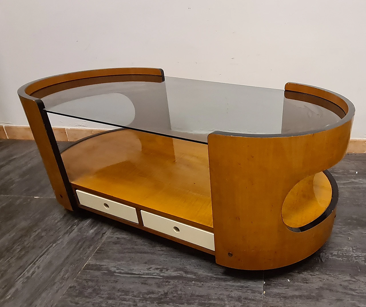 Tavolino in legno e vetro nello stile di Joe Colombo, anni '70 13