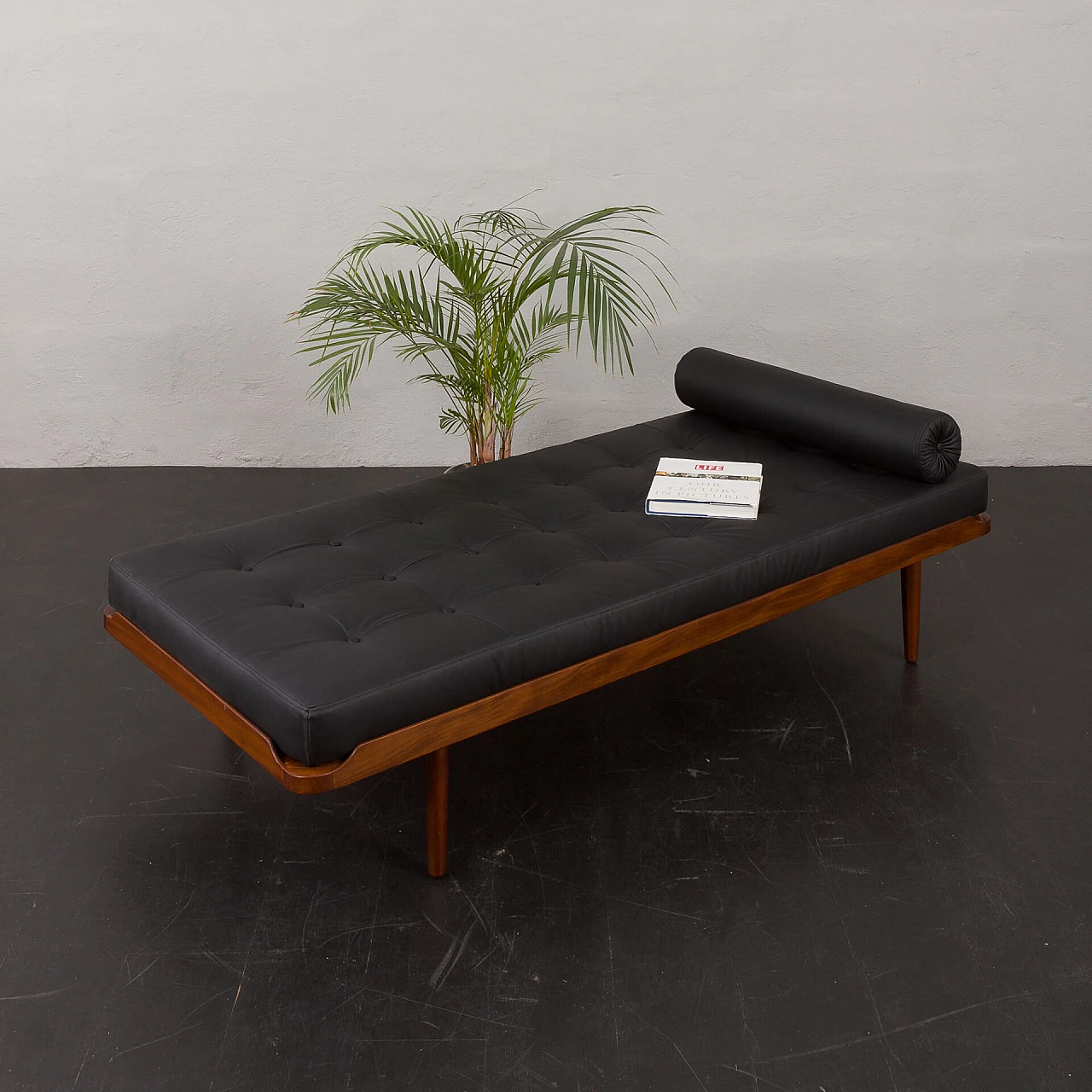 Teak and black leather daybed in the style of E. Johansson, 1960s 1