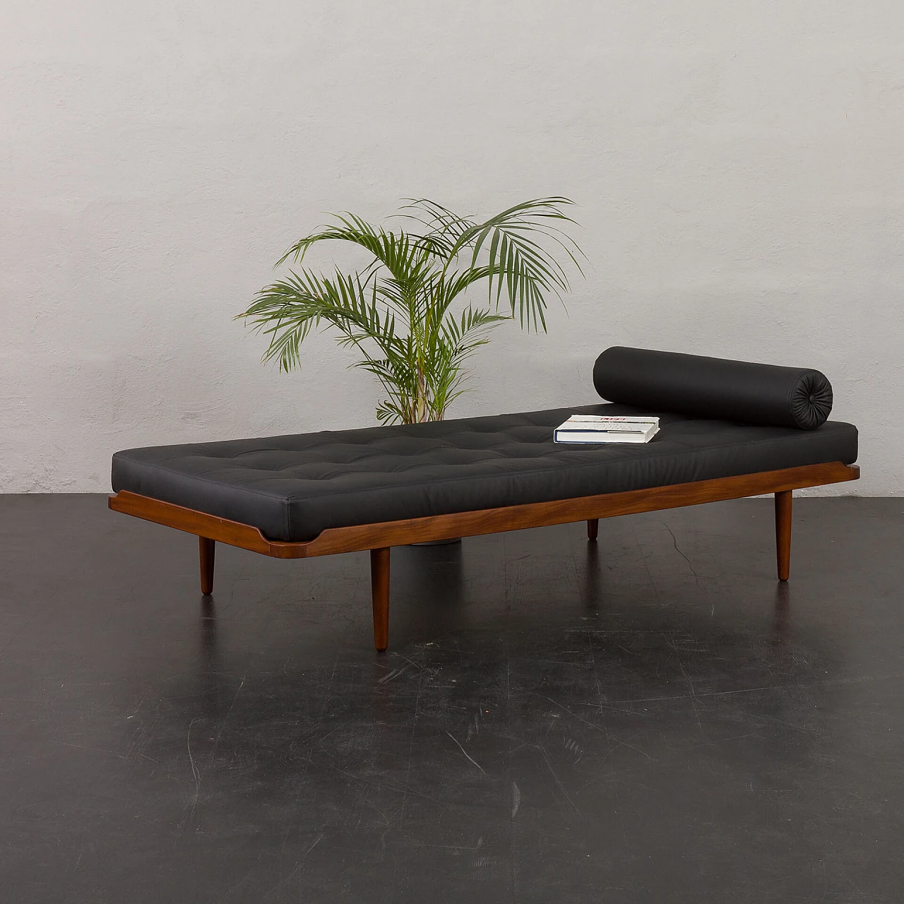 Teak and black leather daybed in the style of E. Johansson, 1960s 2