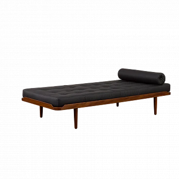 Teak and black leather daybed in the style of E. Johansson, 1960s
