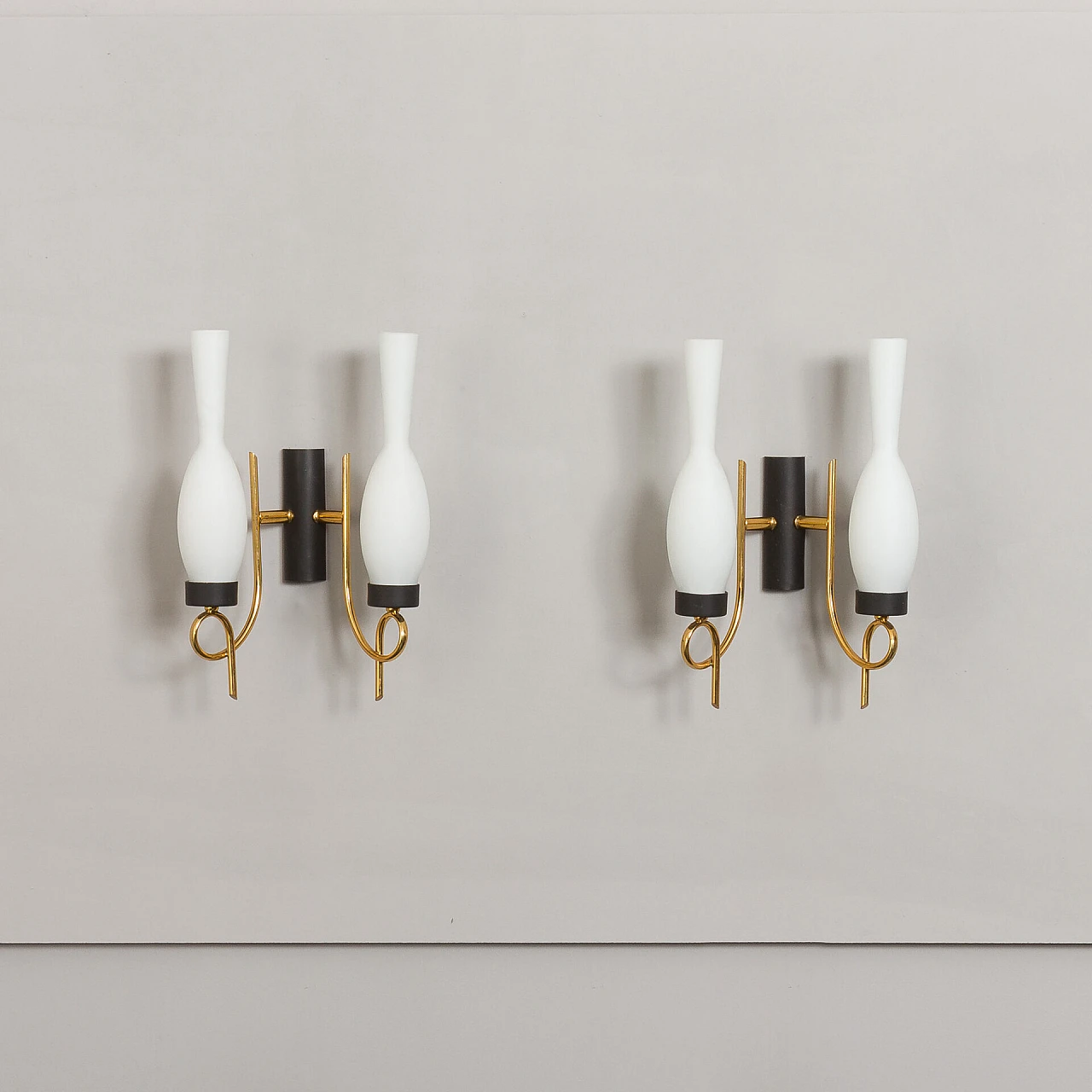 Pair of glass and metal wall lights attributed to Stilnovo, 1960s 1