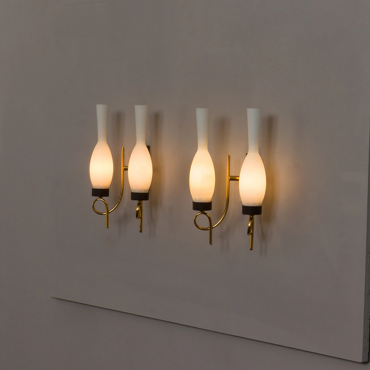Pair of glass and metal wall lights attributed to Stilnovo, 1960s 3
