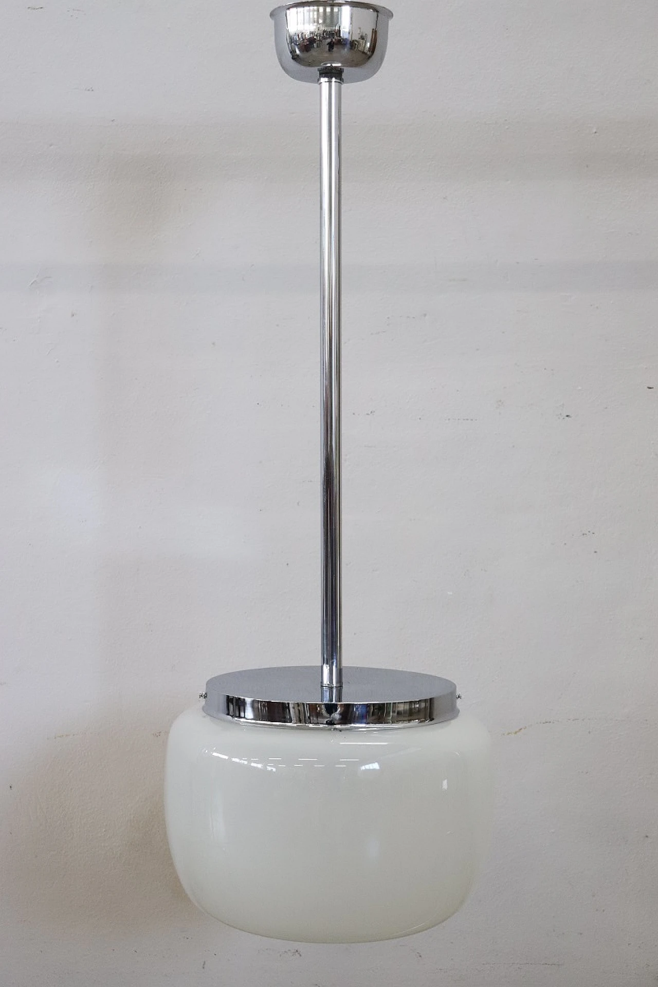 White opaline glass and chromed metal ceiling lamp, 1960s 3