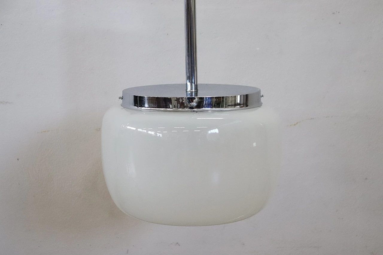 White opaline glass and chromed metal ceiling lamp, 1960s 4