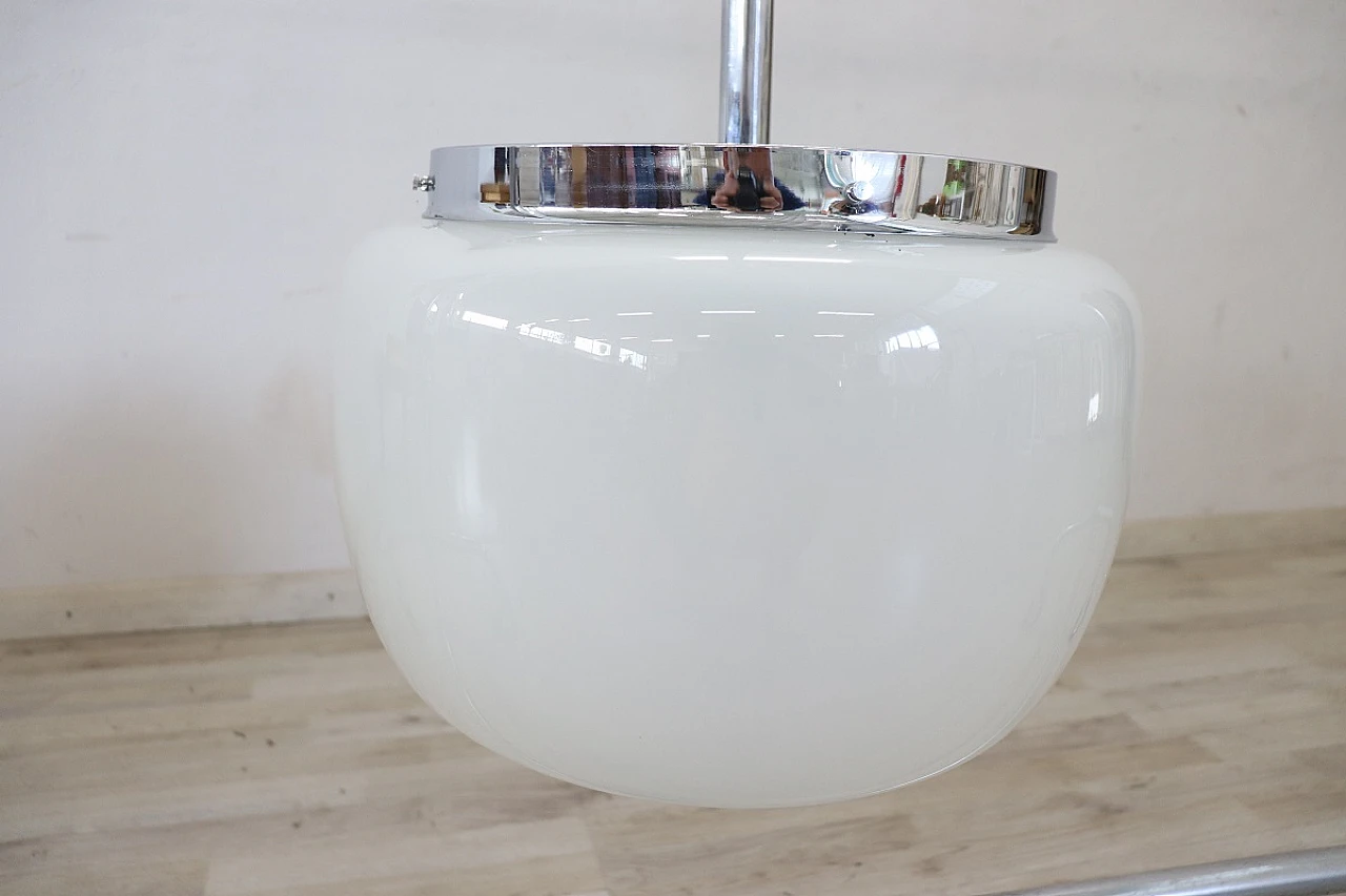 White opaline glass and chromed metal ceiling lamp, 1960s 9
