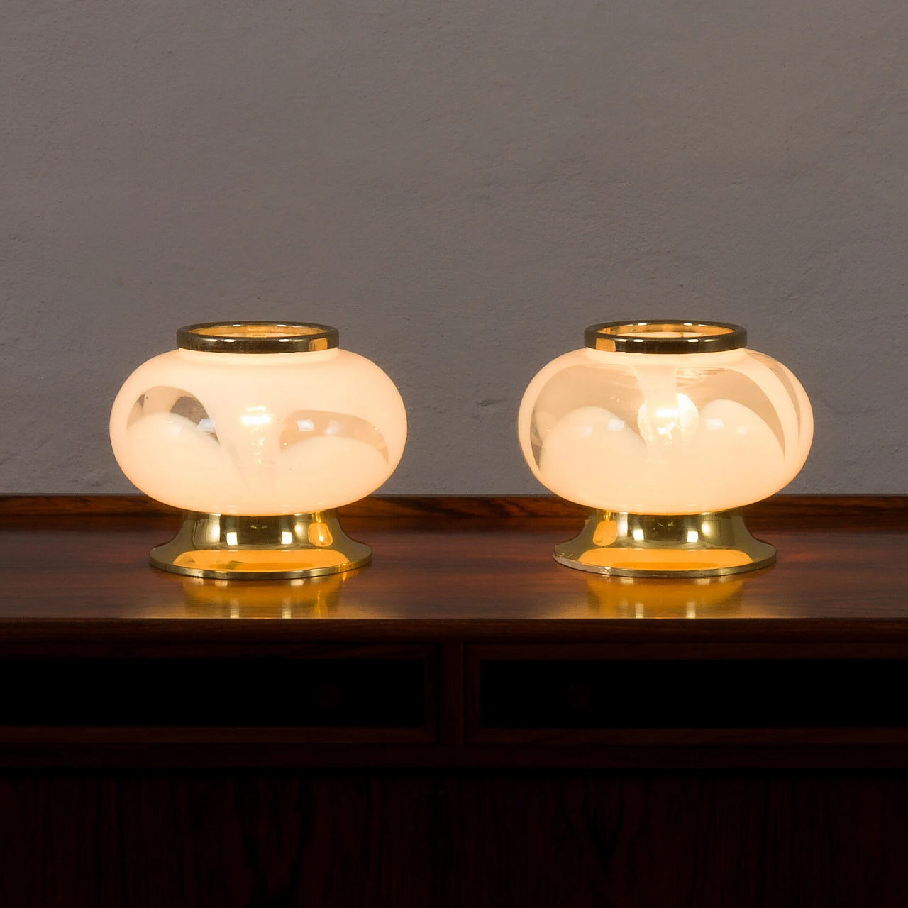 Coppia di lampade da tavolo in vetro e ottone di Zonca, anni '70 3