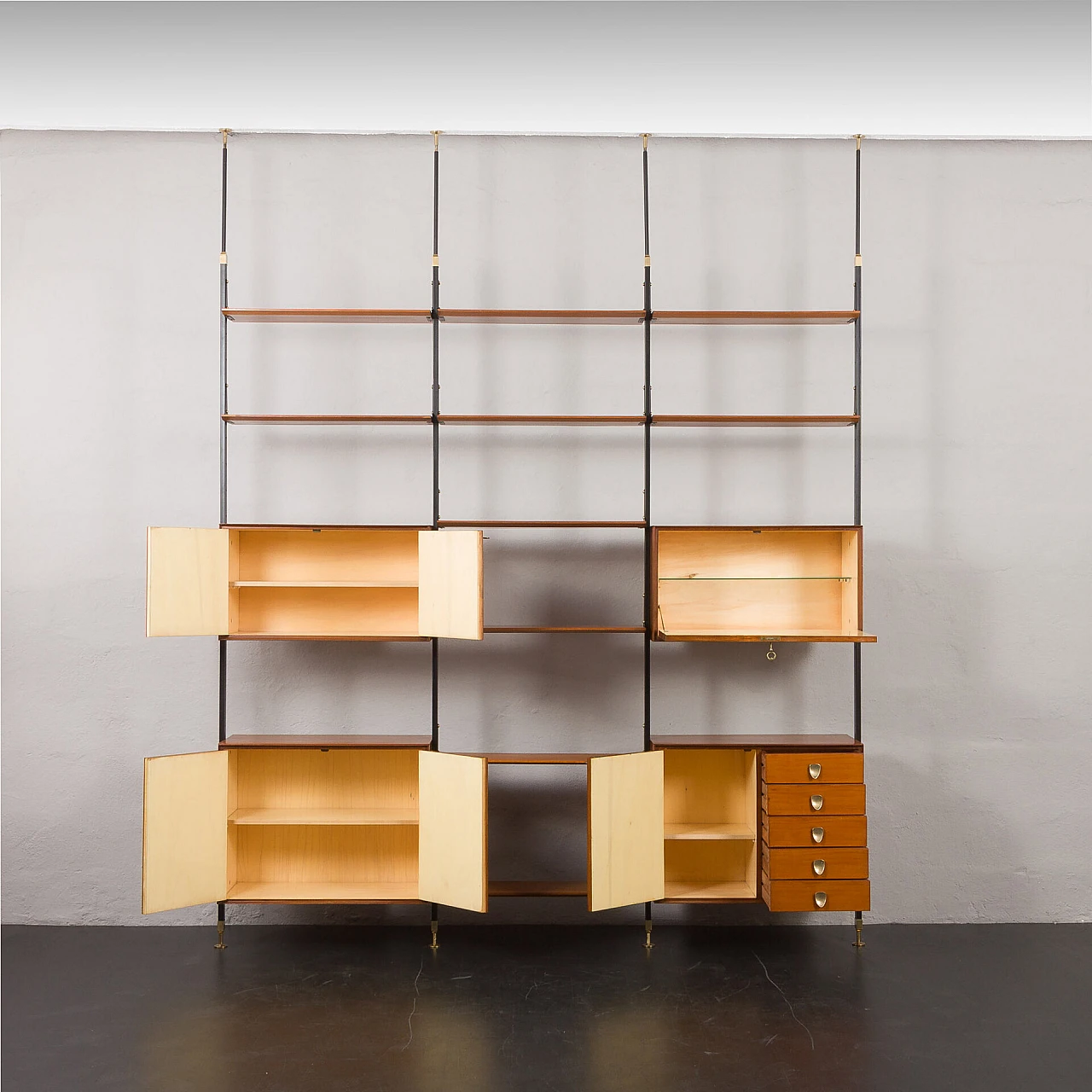 Floor-to-ceiling bookcase with decorated bar compartment, 1960s 5