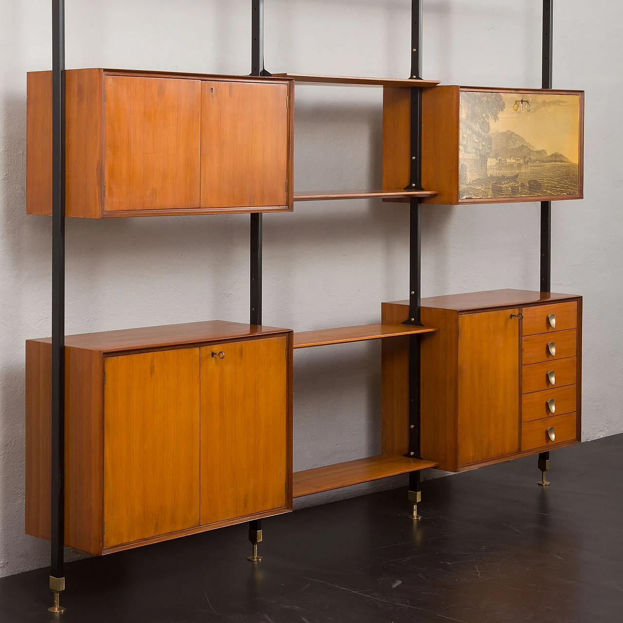 Floor-to-ceiling bookcase with decorated bar compartment, 1960s 7