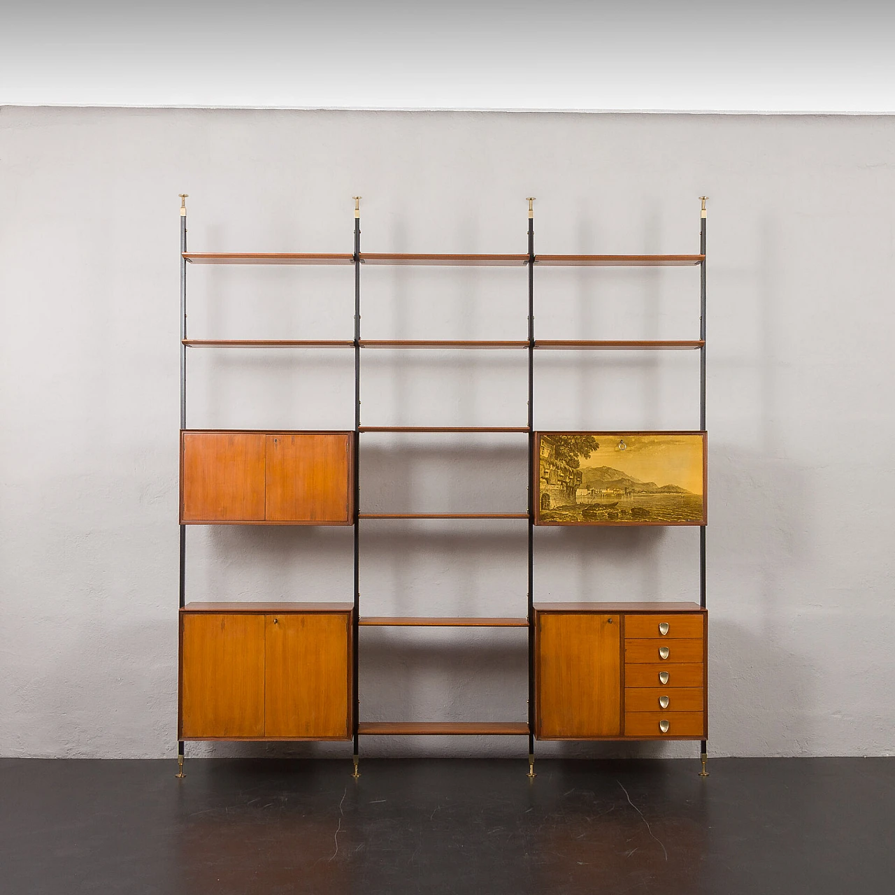 Floor-to-ceiling bookcase with decorated bar compartment, 1960s 20