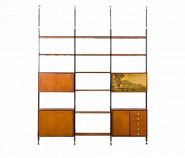 Floor-to-ceiling bookcase with decorated bar compartment, 1960s