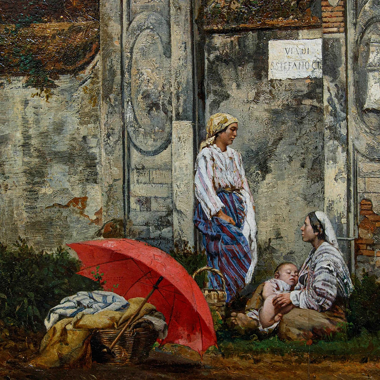 Leopold Bara, Donne ai bordi della strada, olio su tavola, '800 4