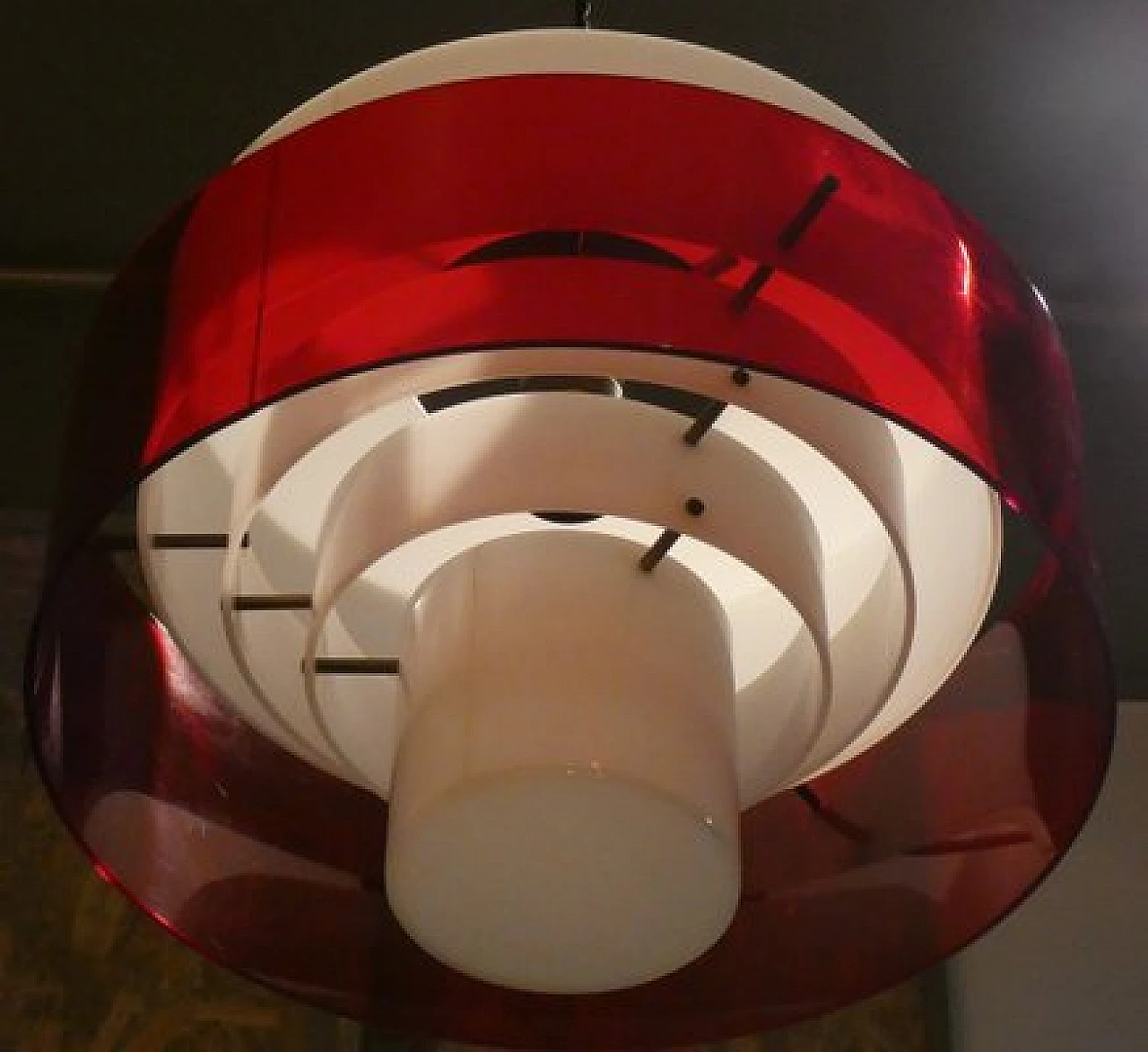 Ceiling lamp in white & red methacrylate and brass by Stilnovo, 1960s 3
