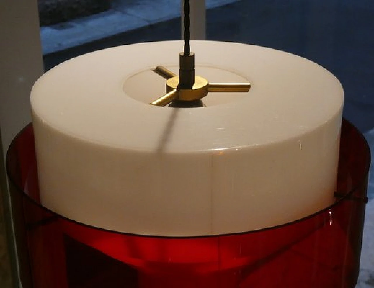 Ceiling lamp in white & red methacrylate and brass by Stilnovo, 1960s 7