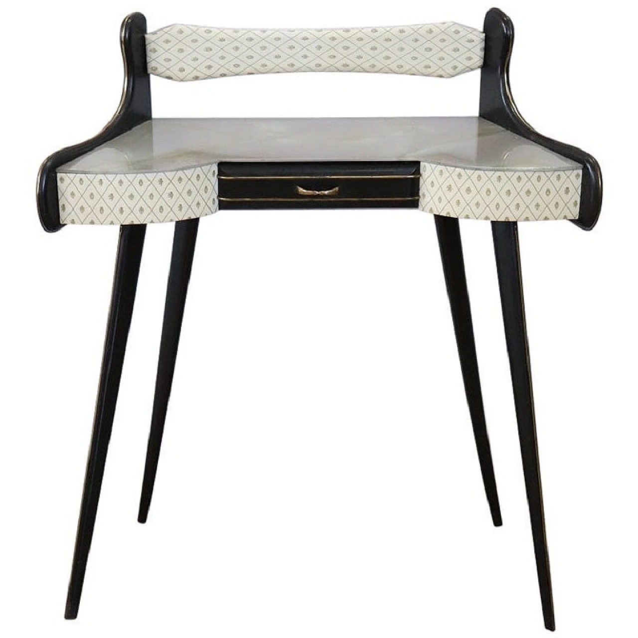 Black laquered console with decorated glass top, 1950s 1