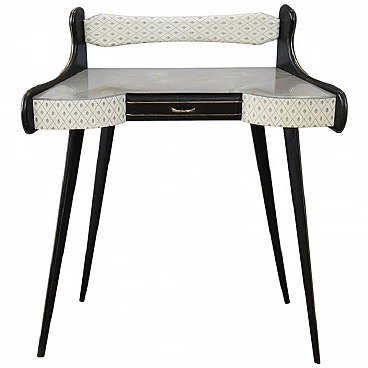 Black laquered console with decorated glass top, 1950s