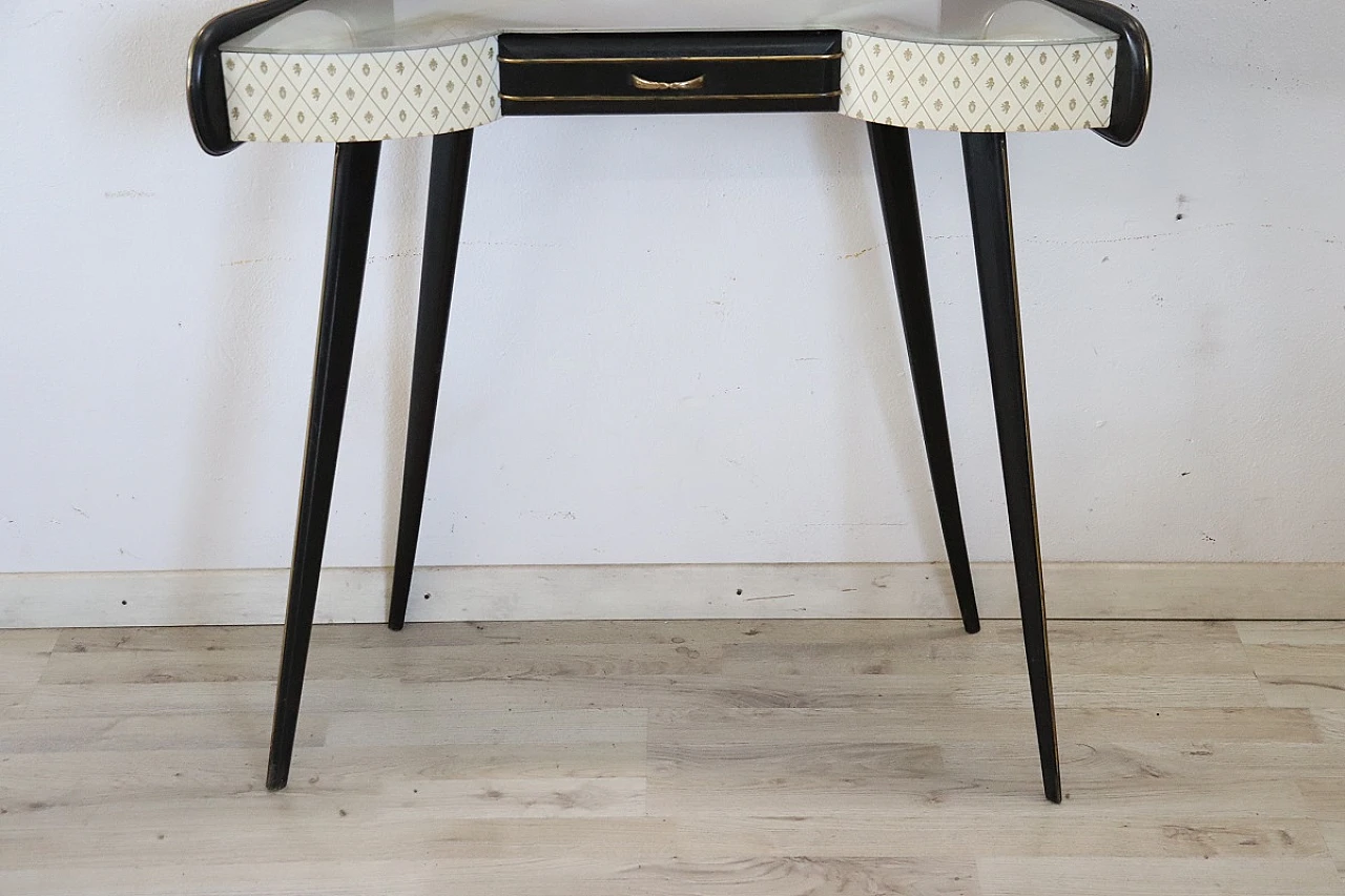 Black laquered console with decorated glass top, 1950s 3