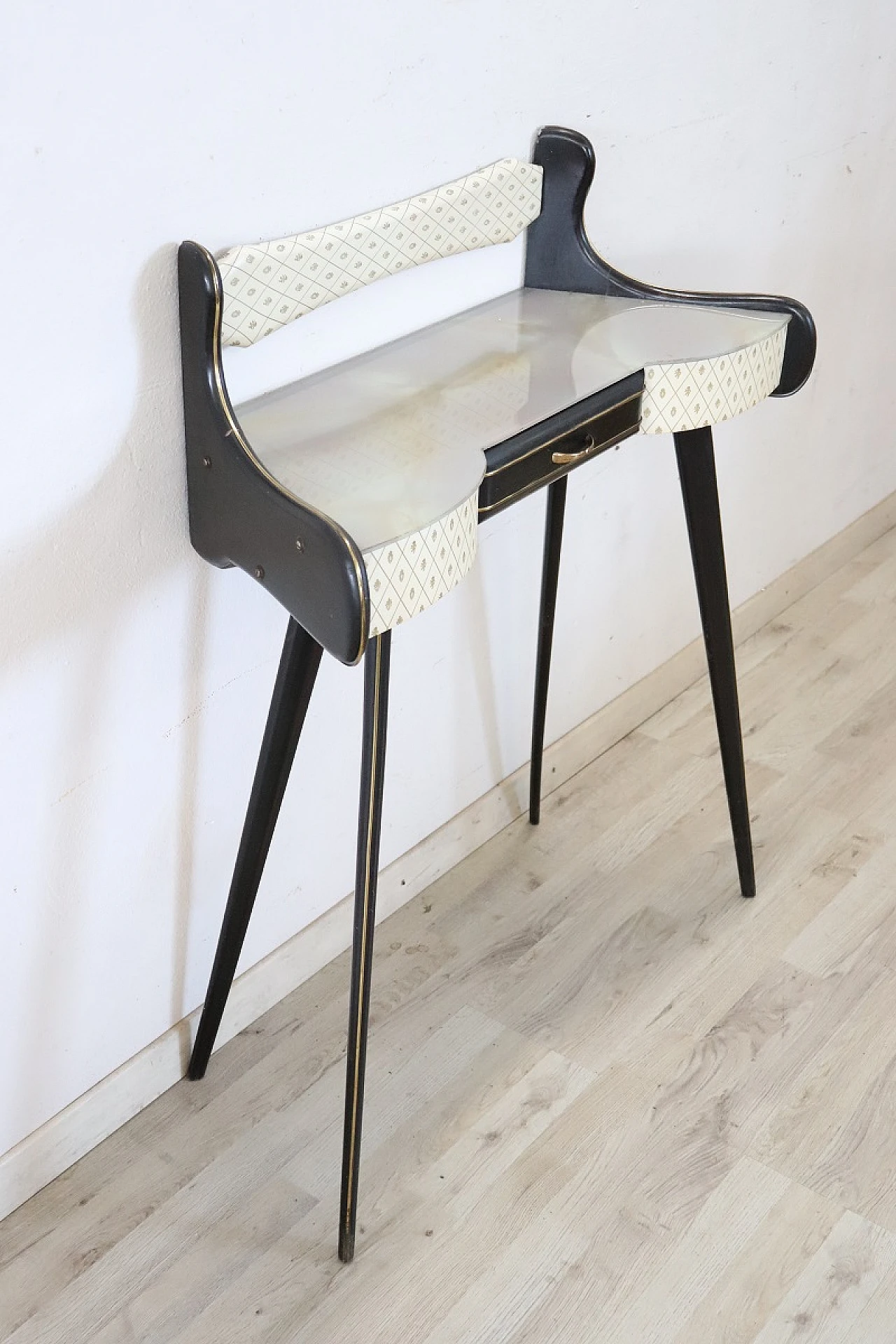 Black laquered console with decorated glass top, 1950s 4