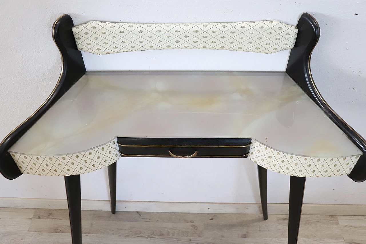 Black laquered console with decorated glass top, 1950s 5