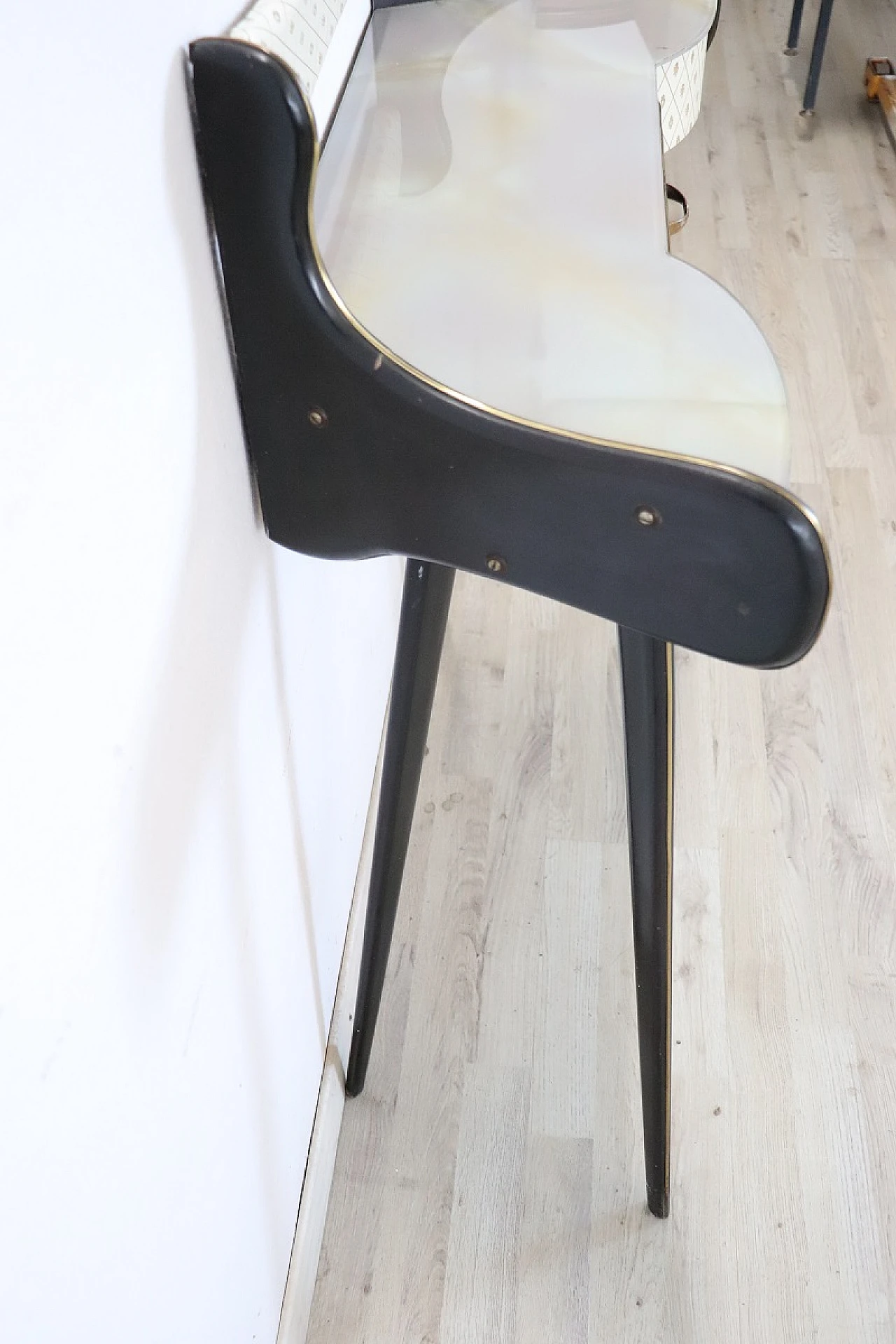 Black laquered console with decorated glass top, 1950s 8