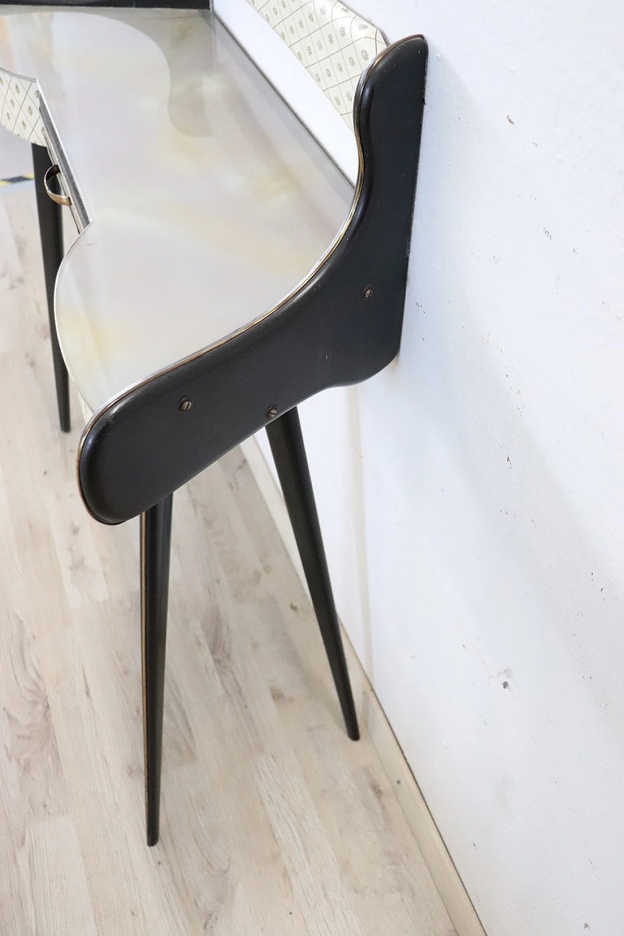 Black laquered console with decorated glass top, 1950s 9