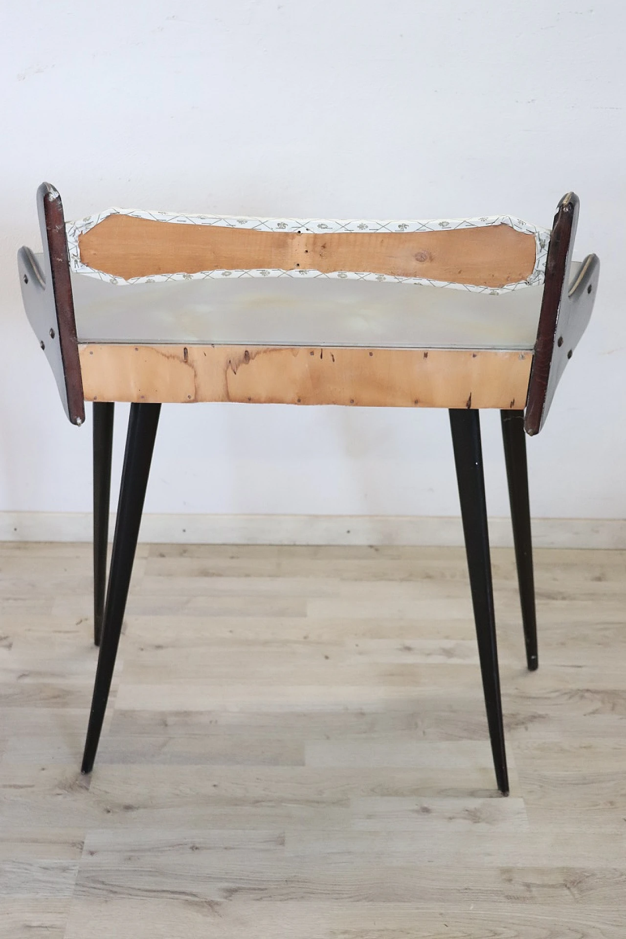 Black laquered console with decorated glass top, 1950s 11