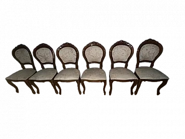 6 Chairs in wood and fabric with floral motifs and swans, 1970s