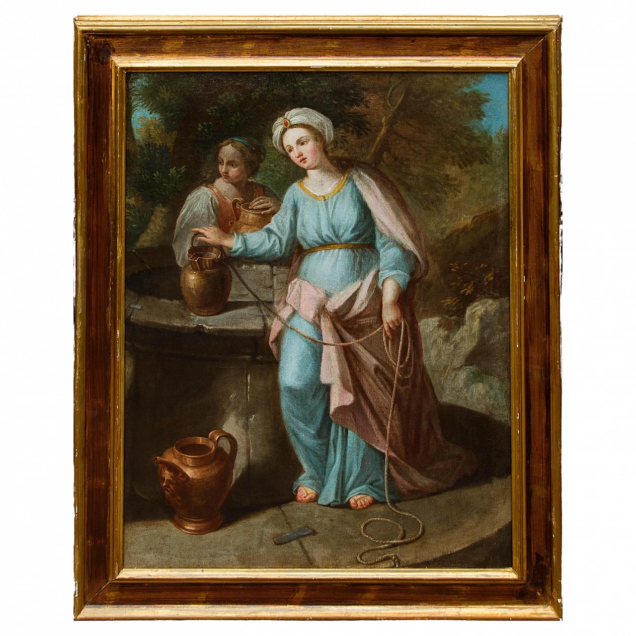Emilian school, Rebecca at the well, oil on canvas, 17th century 1