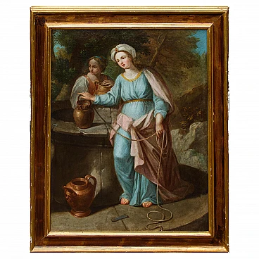 Emilian school, Rebecca at the well, oil on canvas, 17th century