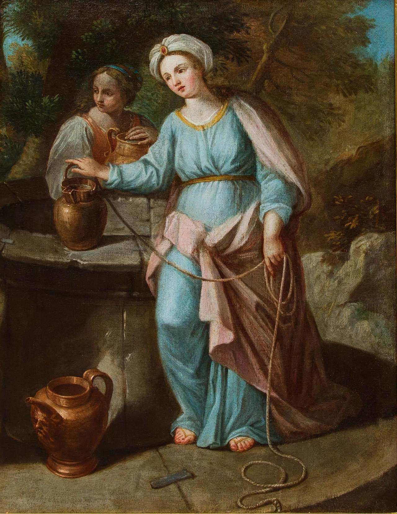 Emilian school, Rebecca at the well, oil on canvas, 17th century 2