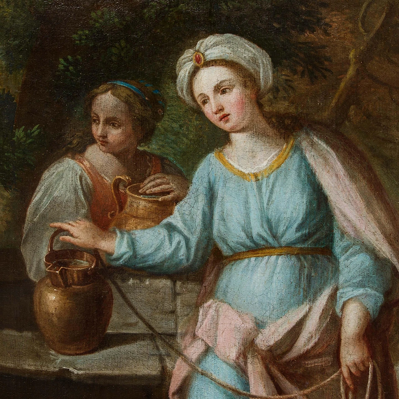 Emilian school, Rebecca at the well, oil on canvas, 17th century 3