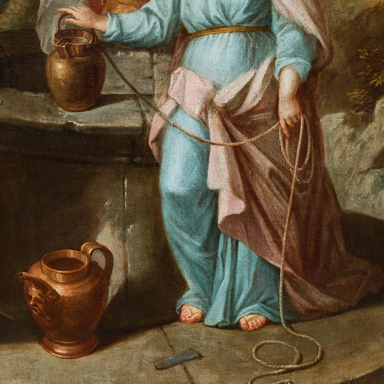 Emilian school, Rebecca at the well, oil on canvas, 17th century 4