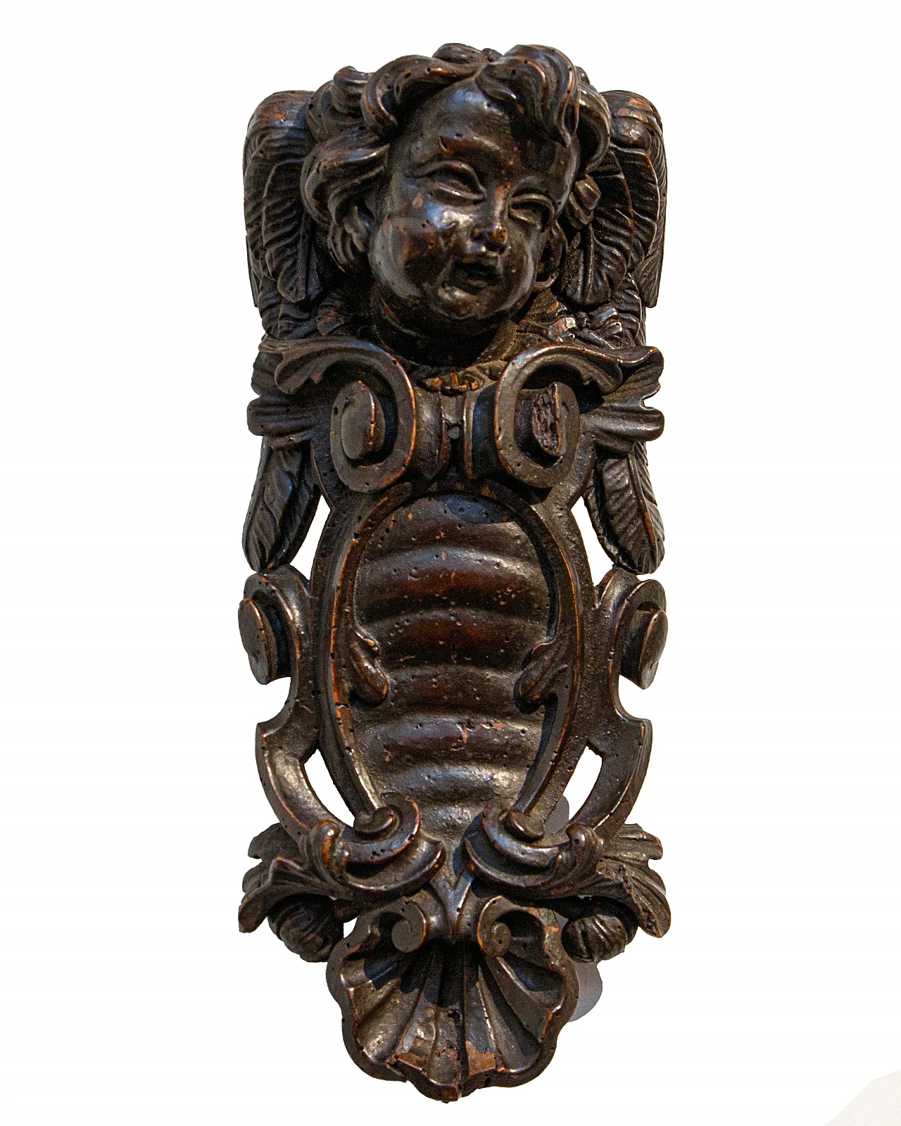 4 Fregi con teste di putto e stemmi in legno, '600 3