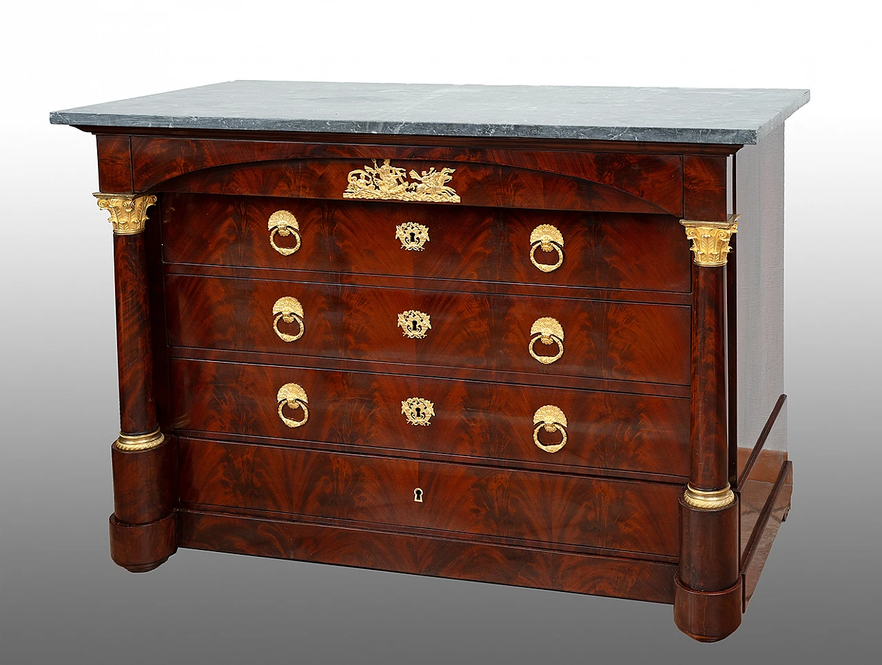 Chest of drawers in mahogany feather with marble top, 19th century 1