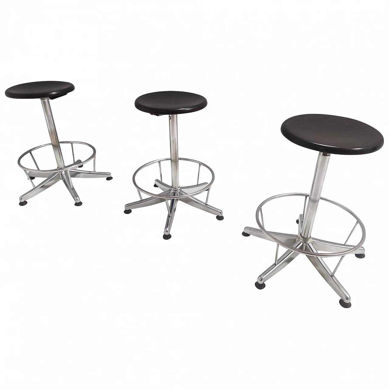 Adjustable chromed metal and black plastic stool, 1960s 1