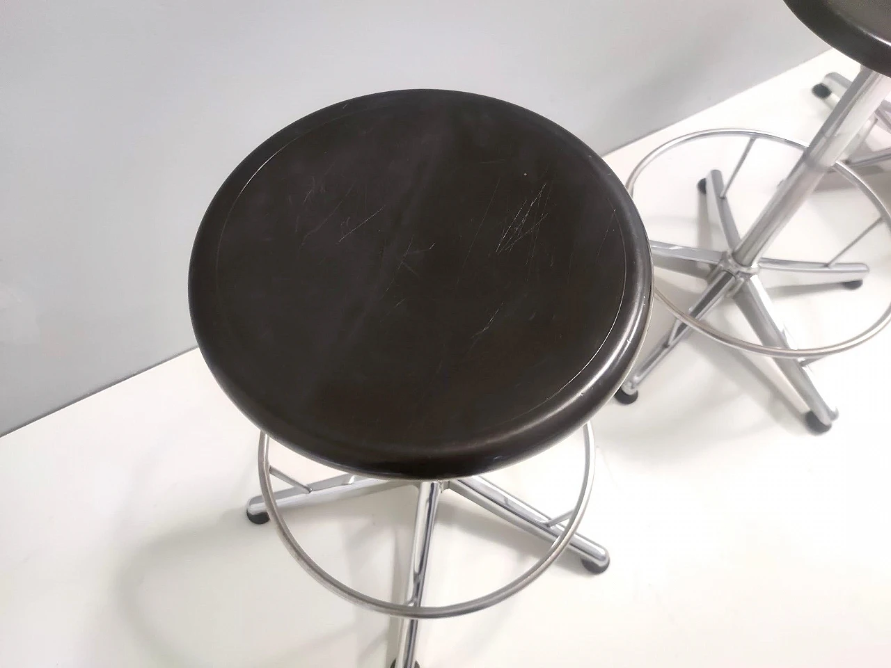 Adjustable chromed metal and black plastic stool, 1960s 4