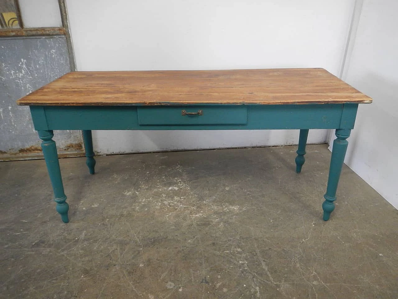 Green fir wood table with natural top & a drawer, 1950s 1