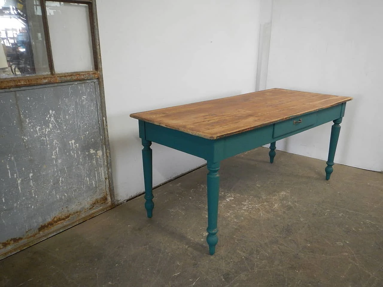 Green fir wood table with natural top & a drawer, 1950s 2