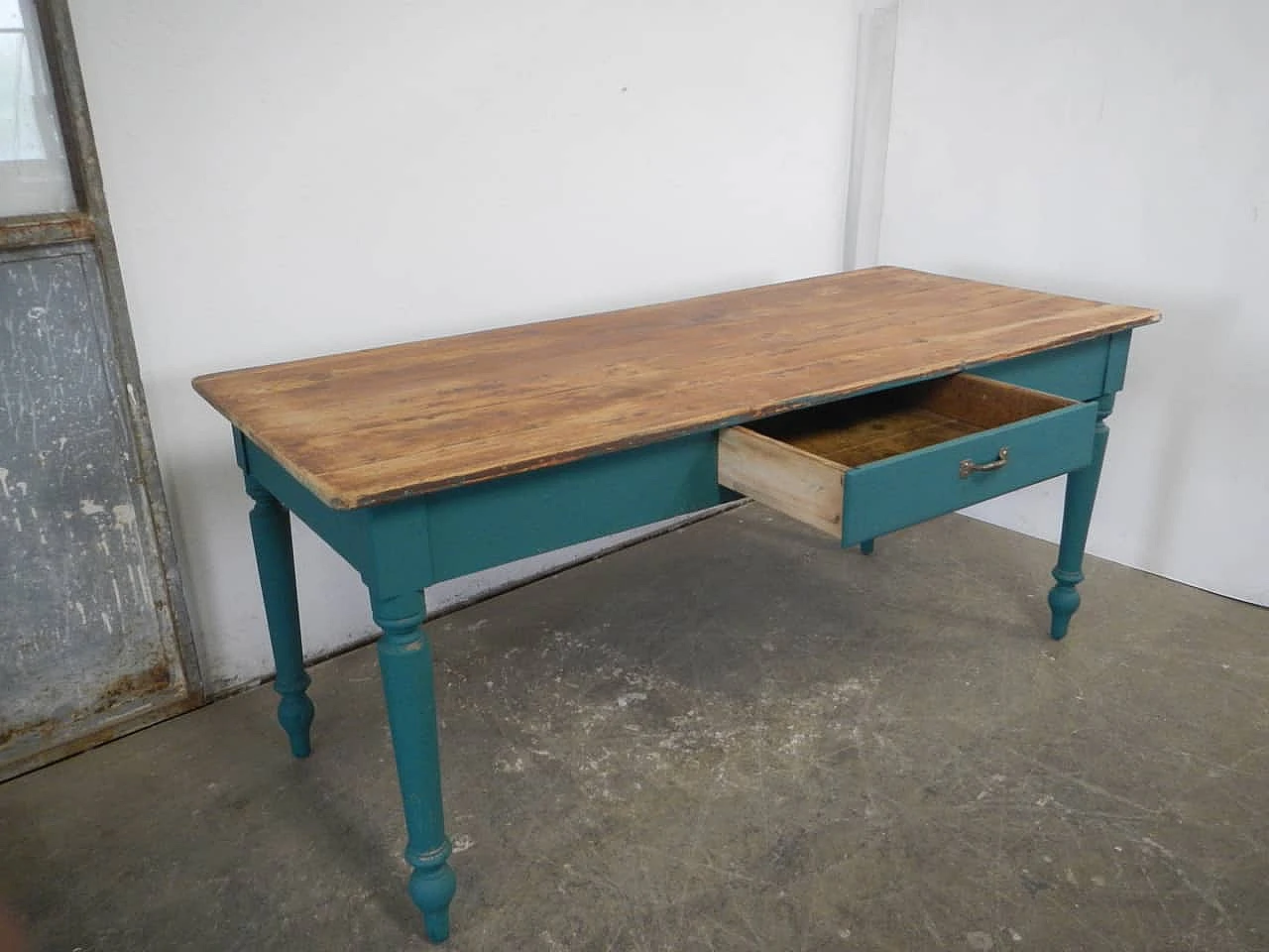 Green fir wood table with natural top & a drawer, 1950s 3