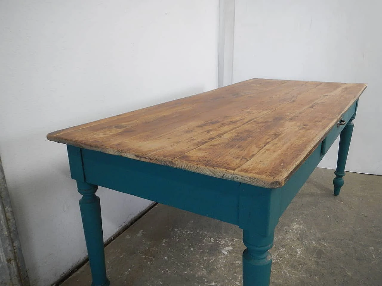 Green fir wood table with natural top & a drawer, 1950s 4