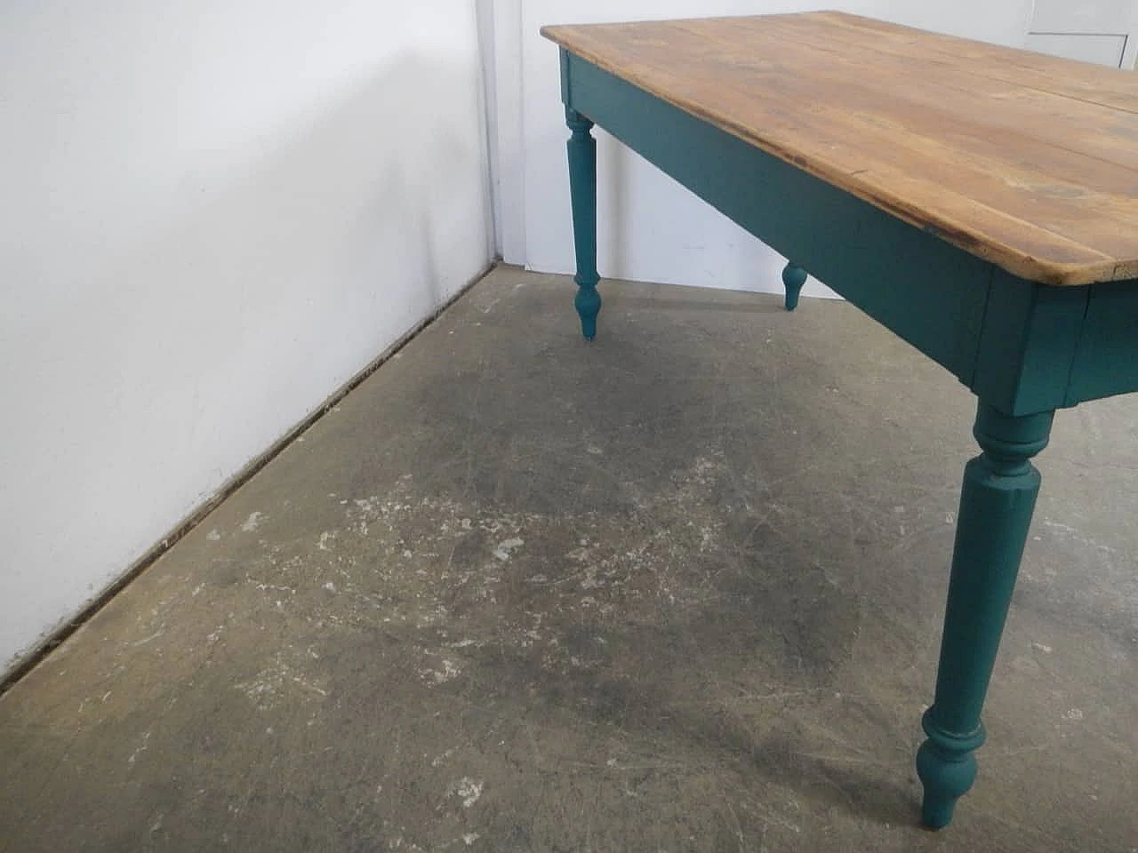 Green fir wood table with natural top & a drawer, 1950s 5