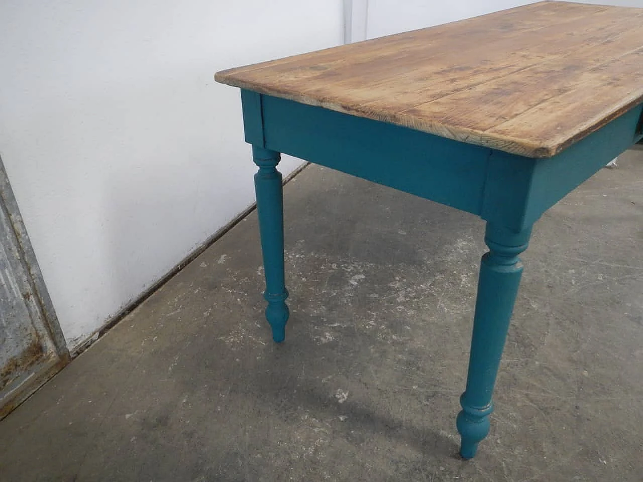 Green fir wood table with natural top & a drawer, 1950s 6