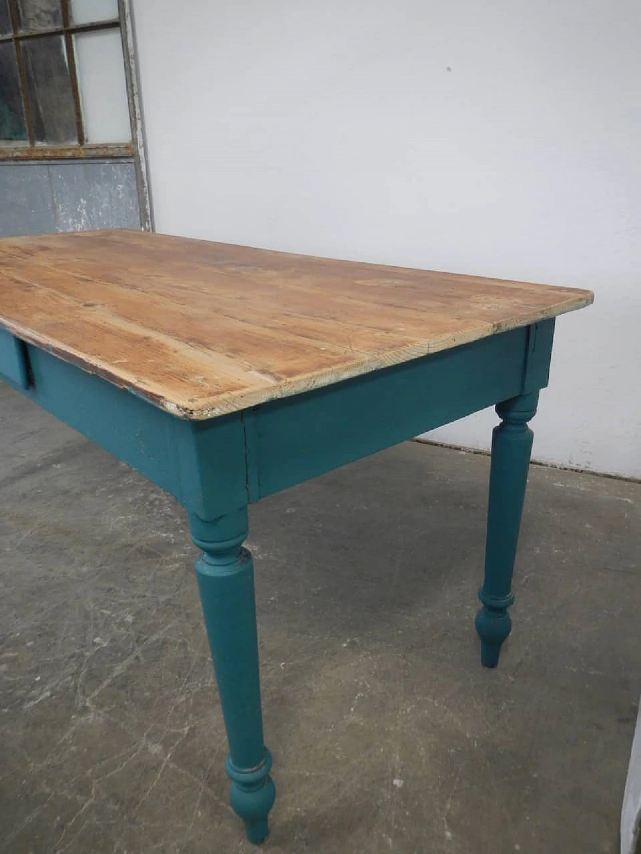 Green fir wood table with natural top & a drawer, 1950s 7