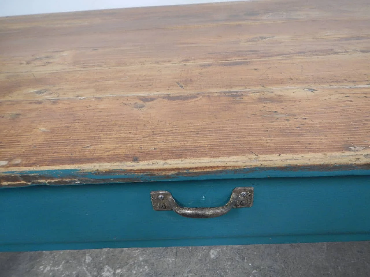 Green fir wood table with natural top & a drawer, 1950s 8