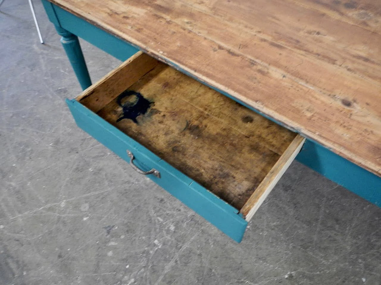 Green fir wood table with natural top & a drawer, 1950s 9