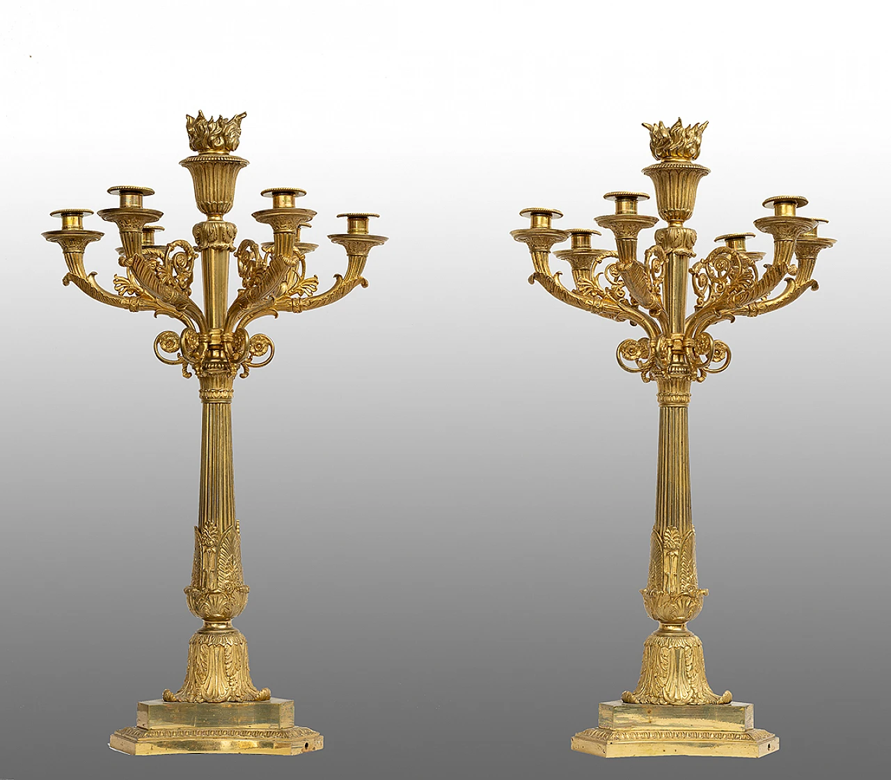 Pair of chiseled gilded bronze flameaux, 19th century 1