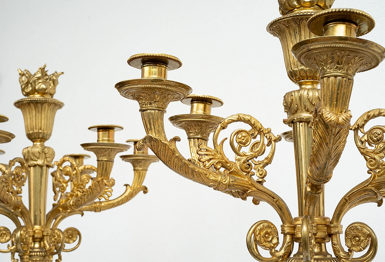 Pair of chiseled gilded bronze flameaux, 19th century 4